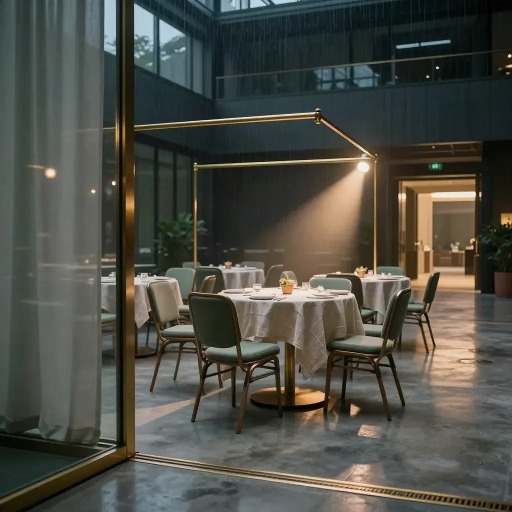 Dark modern networking hall with brass, linen chairs and a glowing entrance corridor at blue hour.