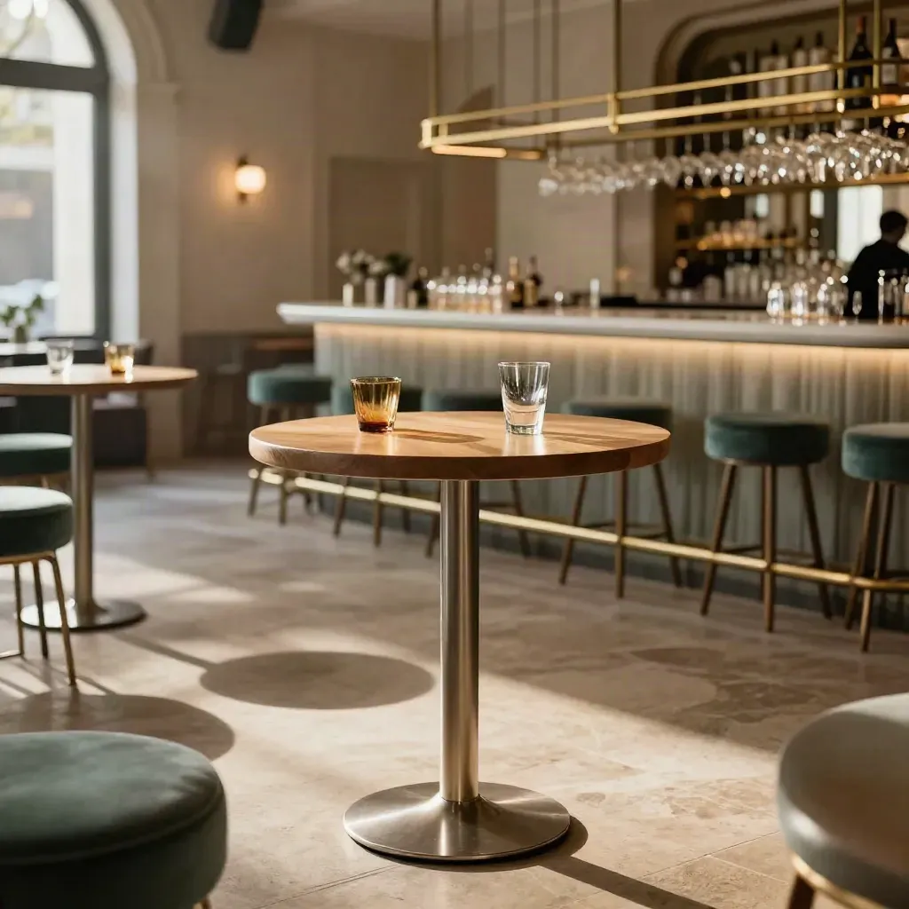 Empty networking venue after an event, with cocktail tables, glasses, chairs, and teal seating.