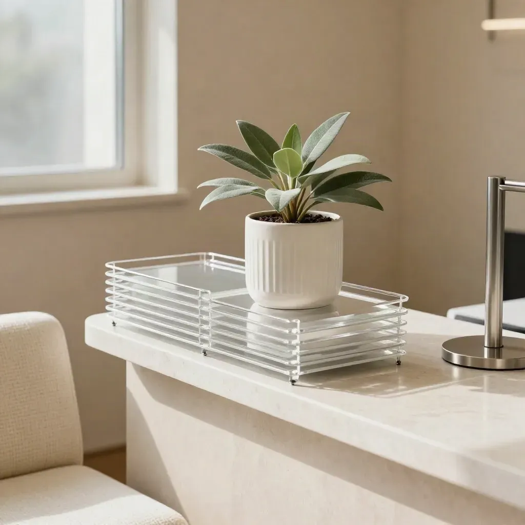Macro of a calm clinic reception corner with trays, plant, lamp and chair textures in warm neutral light.